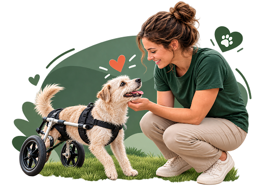 Volunteer caring for a rescued dog in a wheelchair