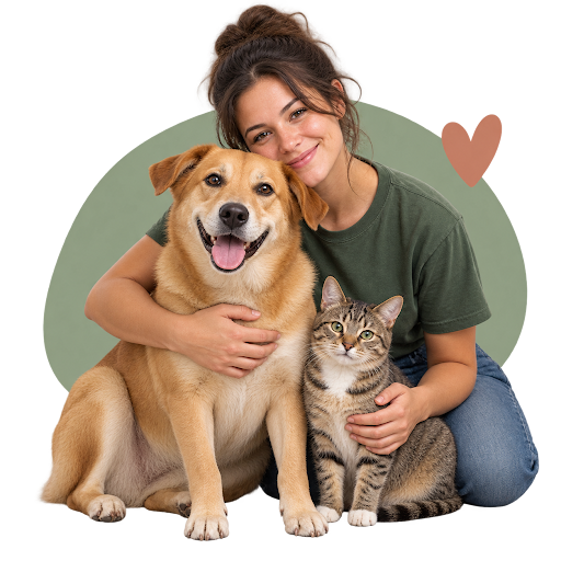 Volunteer with a rescued dog and cat